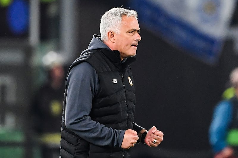 Roma coach Jose Mourinho reacts after the final whistle. Roma's 1-0 win secured a place in the May 25 Europa Conference League final. AFP