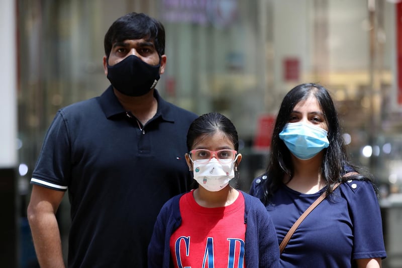 Dubai, United Arab Emirates - Reporter: Kelly Clarke. Coronavirus/Covid-19. Visa Singh with parents Vijai and
Sarika Singh. Parents rush to buy PPE for children in time for back-to-school. Sunday, August 23rd, 2020. Dubai. Chris Whiteoak / The National