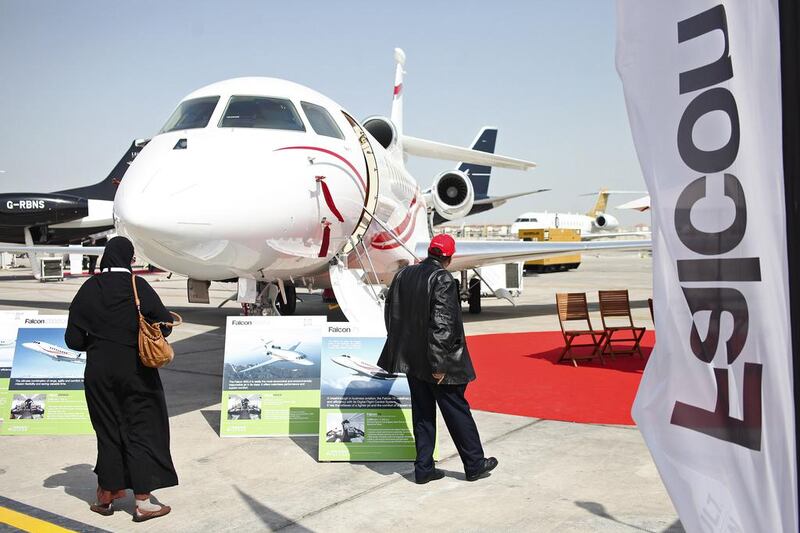 Dassault Aviation’s latest model the Falcon 7X, a large-cabin, long-range aircraft that is capable of flying 11,000 kilometers at a stretch, and can take in gateway cities such as London, Cape Town and Marrakech. Lee Hoagland / The National