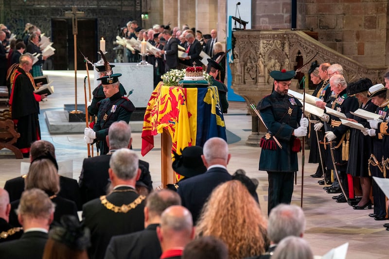 The Crown of Scotland sits on the coffin of Queen Elizabeth II inside St Giles' Cathedral in Edinburgh.  AFP