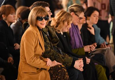 Vogue chief editor Anna Wintour takes her seat in the front row for the catwalk show by fashion house Victoria Beckham during their Autumn/Winter 2020 collection on the third day of London Fashion Week in London on February 16, 2020.  / AFP / DANIEL LEAL-OLIVAS
