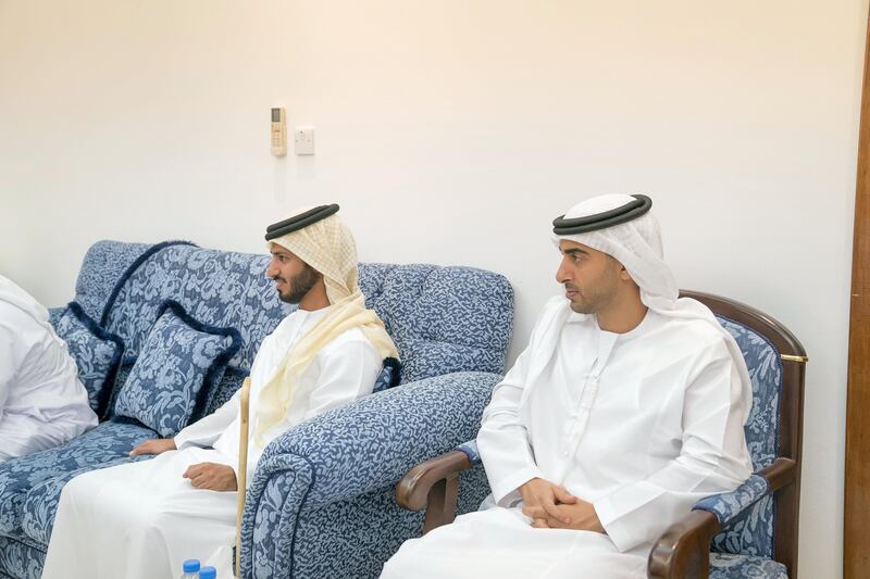 ABU DHABI, UNITED ARAB EMIRATES - October 09, 2017: HH Sheikh Hamdan bin Mohamed bin Zayed Al Nahyan (R) and HH Sheikh Zayed bin Hamad bin Hamdan Al Nahyan (L), visit the home of Ahmed Mandi (not shown), the former teacher of HH Sheikh Mohamed bin Zayed Al Nahyan, Crown Prince of Abu Dhabi and Deputy Supreme Commander of the UAE Armed Forces (not shown), at Khalifa City.
( Mohamed Al Hammadi / Crown Prince Court - Abu Dhabi )
---