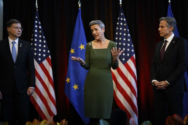Margrethe Vestager, EU competition commissioner, at a news conference with Antony Blinken, right, and EU trade commissioner Valdis Dombrovskis, during the US-EU Trade and Technology Council meeting in Maryland, US, on December 5. Bloomberg