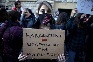 An activist takes part in a demonstration against sexual harassment, rape and domestic violence in the Lebanese capital Beirut. AFP
