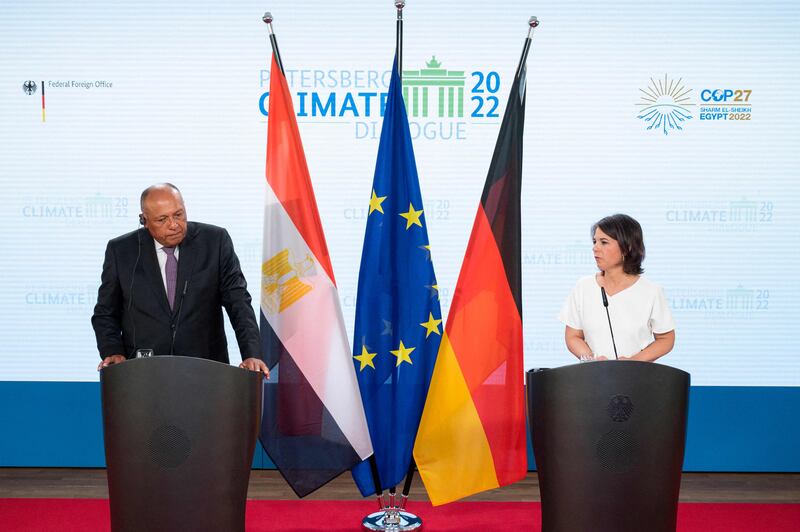 Egyptian Foreign Minister Sameh Shoukry and Germany's Minister of Foreign Affairs, Annalena Baerbock, at the Petersberg Climate Dialogue in Berlin. AFP