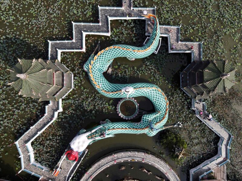 An aerial view shows Spring and Autumn pavilions at the Lotus pond in Zuoying District in Kaohsiung. AFP