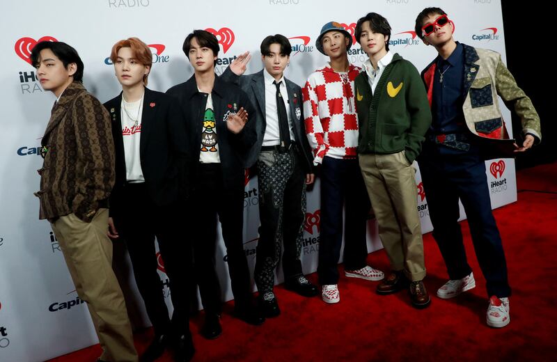 BTS pose on red carpet of iHeartRadio Jingle Ball concert in California on December 3, 2021. Reuters