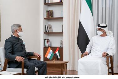 Sheikh Mohamed bin Zayed Al Nahyan, Crown Prince of Abu Dhabi and Deputy Supreme Commander of the UAE Armed Forces, met Subrahmanyam Jaishankar, Minister of External Affairs of India, in Abu Dhabi on Wednesday. Rashed Al Mansoori / Ministry of Presidential Affairs 