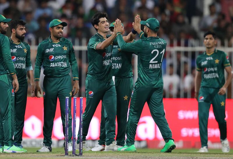 Pakistan bowler Naseem Shah celebrates taking the wicket of Afghanistan captain Mohammad Nabi.