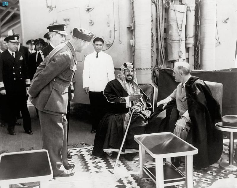 Franklin D Roosevelt, US president at the time, meets King Abdulaziz on board the 'USS Quincy' in the Suez Canal on February 14, 1945. Photo: Saudi Press Agency