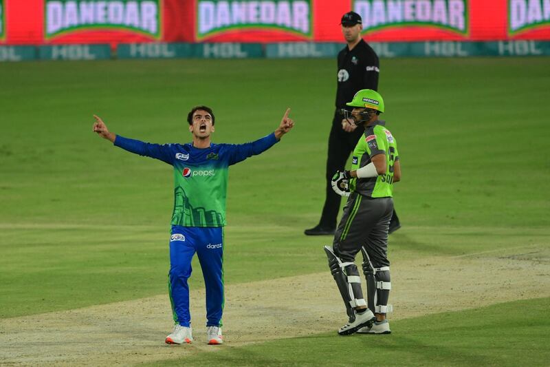 Multan Sultans' Mohammad Ilyas celebrates after taking the wicket of Lahore Qalandars' Sohail Akhtar. AFP