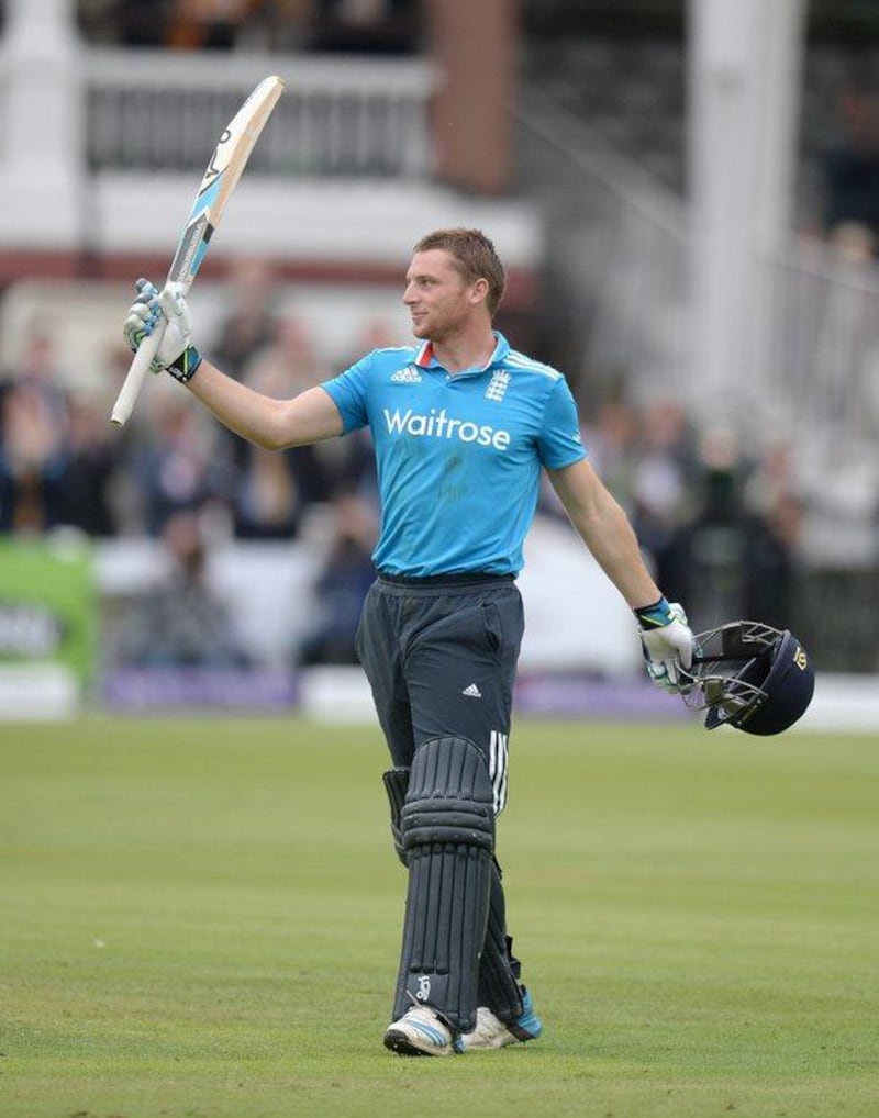 Jos Buttler of England celebrates reaching his century during the fourth ODI against Sri Lanka on Saturday. Gareth Copley / Getty Images / May 31, 2014 