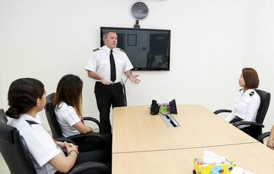 SHARJAH , UNITED ARAB EMIRATES , JULY 12 – 2018 :- John Coubrough , Chief Theoretical Knowledge Instructor taking the class at the Alpha Aviation Academy in Sharjah. ( Pawan Singh / The National )  For News. Story by Nick Webster
