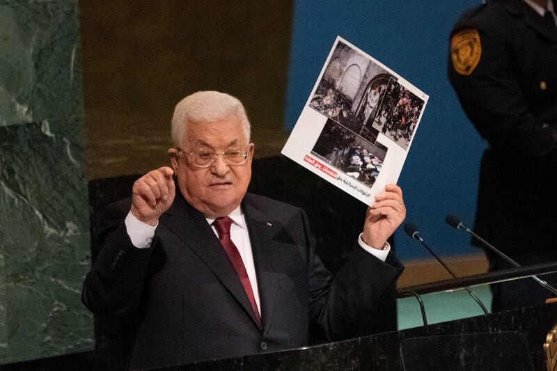 Palestinian President Mahmoud Abbas addresses the 77th session of the UN General Assembly. AFP