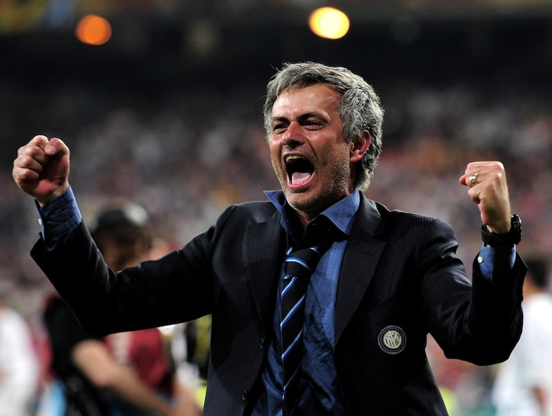 MADRID, SPAIN - MAY 22:  Head coach Jose Mourinho of Inter Milan celebrates his team's victory at the end of during the UEFA Champions League Final match between FC Bayern Muenchen and Inter Milan at the Estadio Santiago Bernabeu on May 22, 2010 in Madrid, Spain.  (Photo by Shaun Botterill/Getty Images)