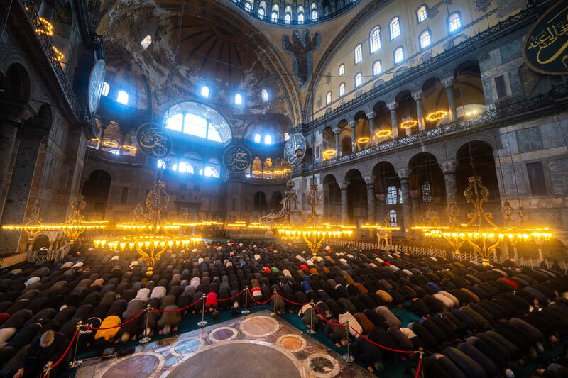 Worshippers at Hagia Sophia Mosque in Istanbul. AP Photo 