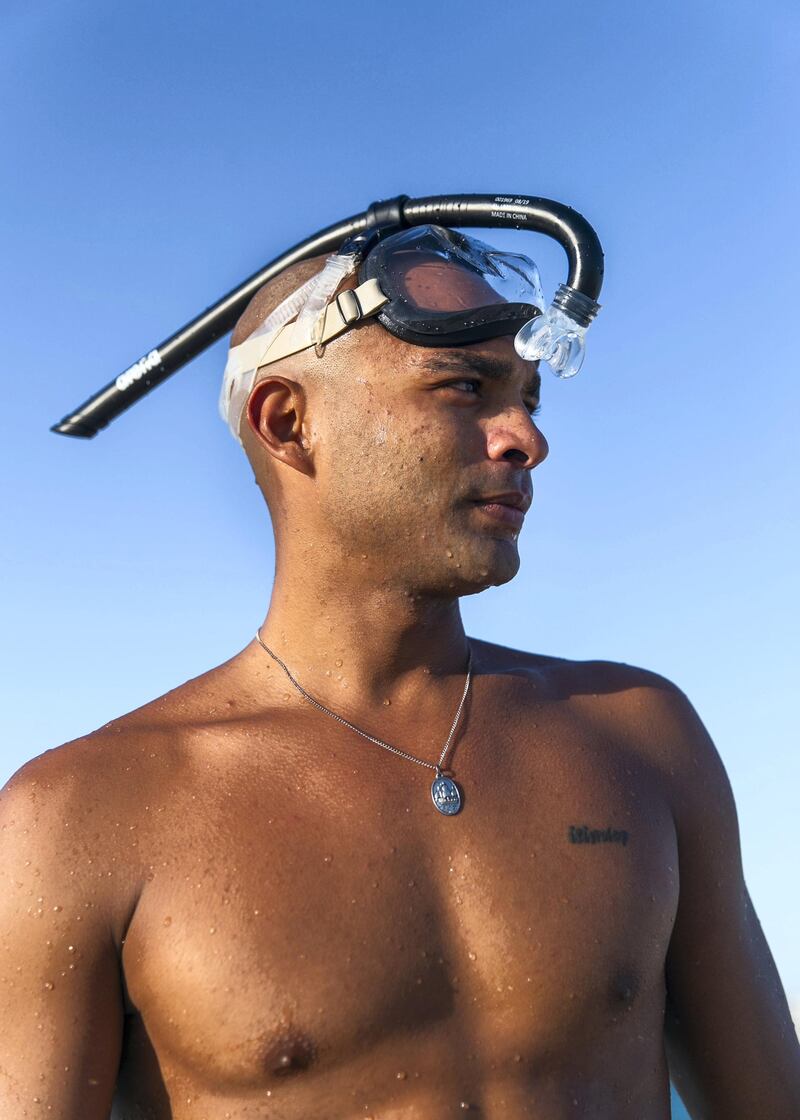 DUBAI, UNITED ARAB EMIRATES. 15 OCTOBER 2020. 
Endurance swimming champion Shehab Allam trains a day before he is set on creating a world swimming record in Dubai by braving a 25km stretch from Al Seef to Dubai Water Canal.
(Photo: Reem Mohammed/The National)

Reporter:
Section:
