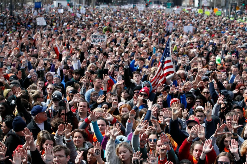 People fill Pennsylvania Avenue during the March for Our Lives rally in support of gun control, Saturday, March 24, 2018, in Washington. AP