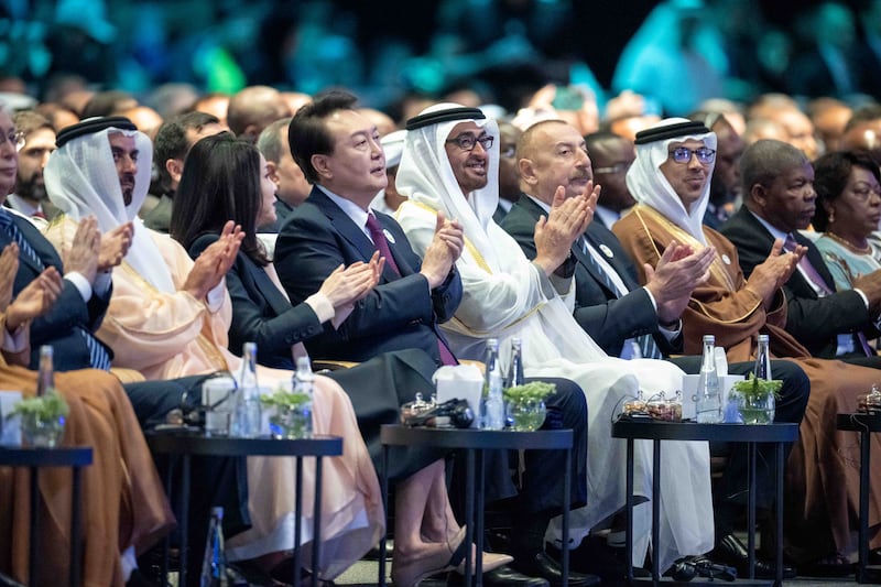 (L-R) Sheikh Saif bin Zayed, UAE Deputy Prime Minister and Minister of Interior, Kim Keon Hee, first lady of South Korea, Yoon Suk Yeol, President of South Korea, President Sheikh Mohamed, Ilham Aliyev, President of Azerbaijan, Sheikh Mansour bin Zayed, Deputy Prime Minister and Minister of the Presidential Court, Joao Lourenco, President of Angola and Ana Dias Lourenco, first lady of Angola. Photo: Presidential Court