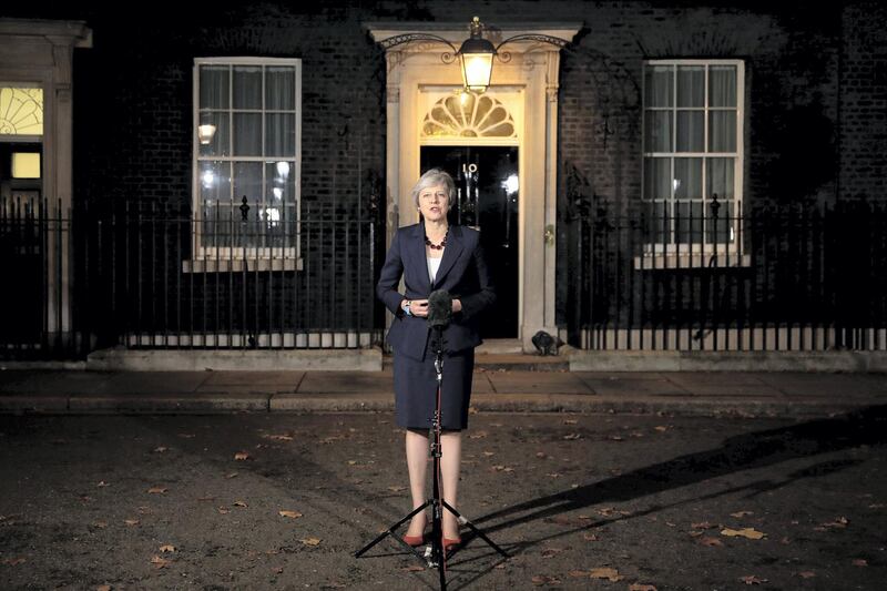 LONDON, ENGLAND - NOVEMBER 14:  British Prime minister, Theresa May delivers a Brexit statement at Downing Street on November 14, 2018 in London, England. Theresa May addresses the nation after her cabinet of senior ministers met and approved the wording of the draft Brexit agreement which will see the UK leave the European Union on March 29th 2019.  (Photo by Dan Kitwood/Getty Images)