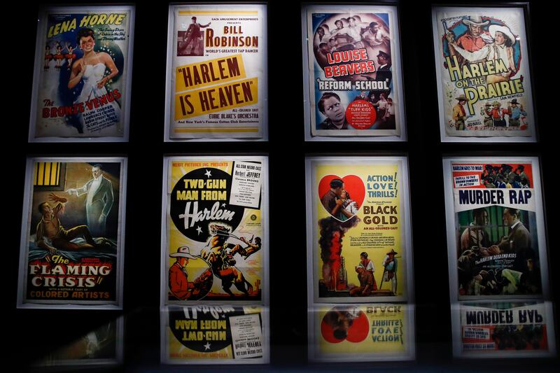 A collection of 'race films' posters on display during a media preview for the exhibition. EPA 
