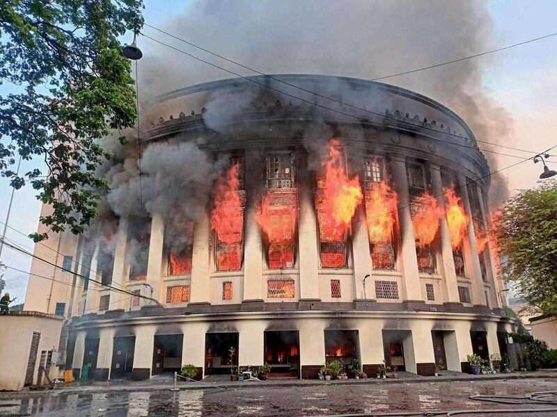 Fire engulfs the Central Post Office building in Manila, the Philippines. Reuters