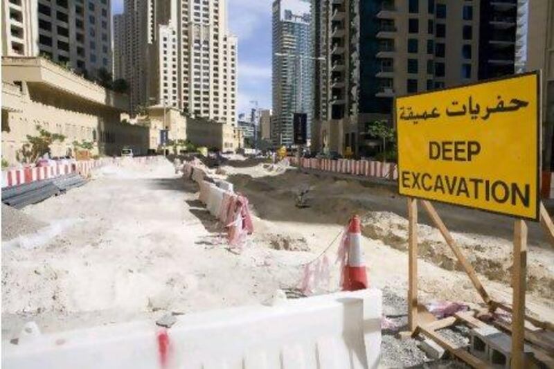 Work resumes on an elevated section of the Al Sufouh tram project that will run through the Dubai Marina area and Sheikh Zayed Road. Construction was delayed by the global economic slump. Duncan Chard for The National