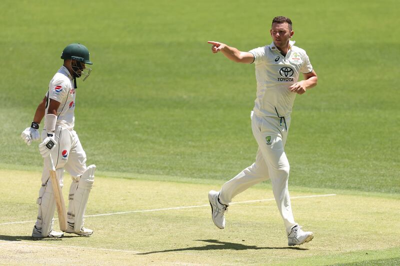 Josh Hazlewood of Australia celebrates the wicket of Saud Shakeel of Pakistan. Getty Images