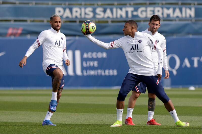 Kylian Mbappe (C), Lionel Messi (R) and Neymar. EPA