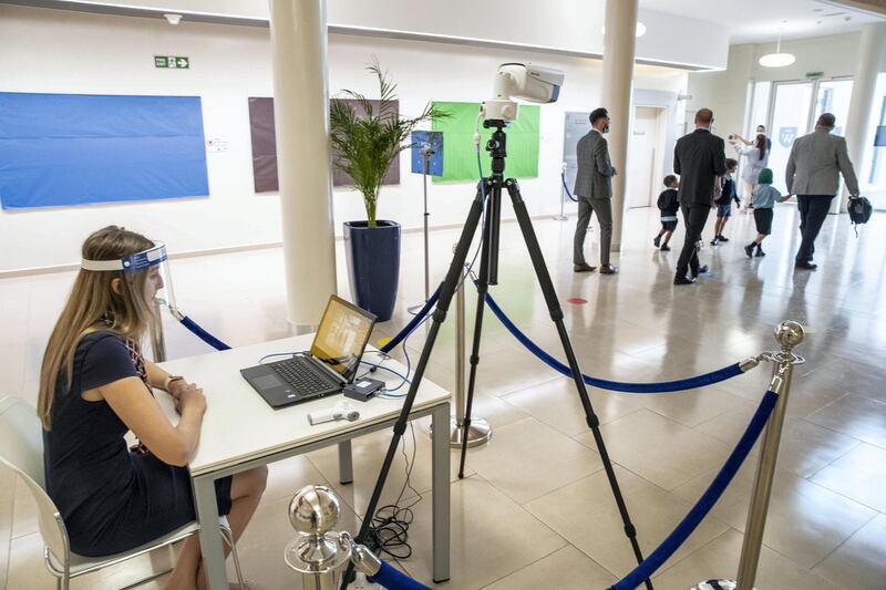 DUBAI, UNITED ARAB EMIRATES. 30 AUGUST 2020. STANDALONE. First day of school. Gems Wellington Academy in Al Khail opens for the start of the school year. Heat monitoring at the school building entrance. (Photo: Antonie Robertson/The National) Journalist: Anna Zacharias. Section: National.