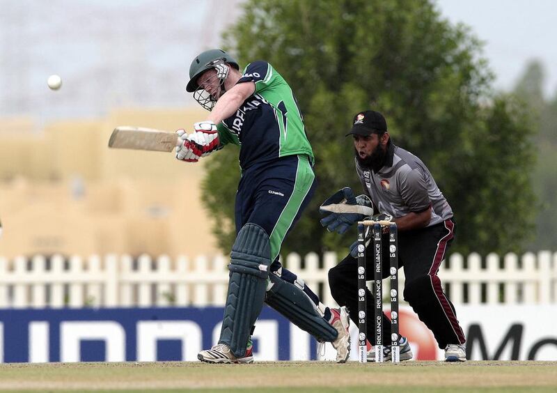 Kevin O’Brien on his way to a well-made 47 that helped Ireland to 138 for five against the UAE in Abu Dhabi on Sunday. Jeffrey E Biteng / The National
