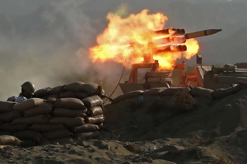 Iranian rockets being fired during a military exercise in the Gulf, near the strategic strait of Hormuz in southern Iran during a drill. AFP, HO via Iranian Army website