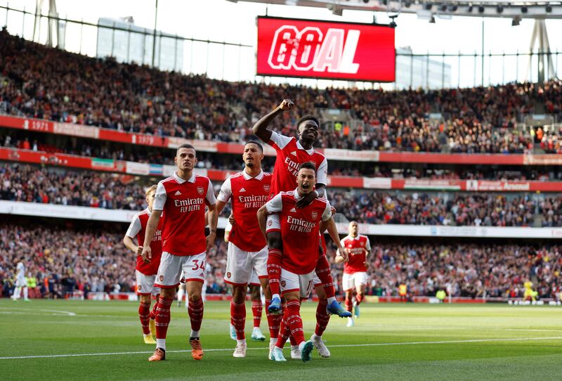 Arsenal 3 (Martinelli 1', Saka 45+5', pen 76') Liverpool 2 (Nunez 34', Firmino 53'): A double from Bukayo Saka helped Arsenal return to the top of the table after a thrilling win over Liverpool at the Emirates.  "In the past two or three years, Liverpool have been a team we have struggled against," said Saka. "To win in front of our fans is special and it shows how much we are progressing." Reuters