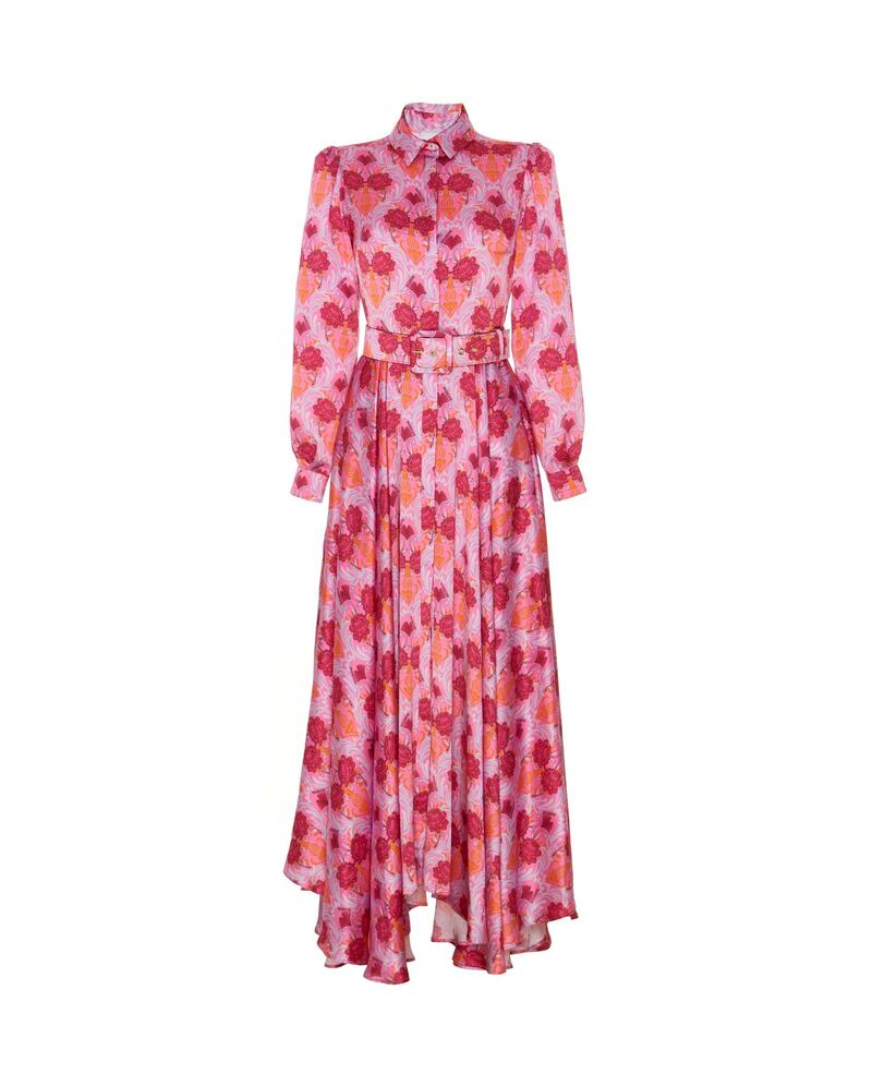 Maxi dress in pink floral-print silk, Dh10,000, Rubeus Milano