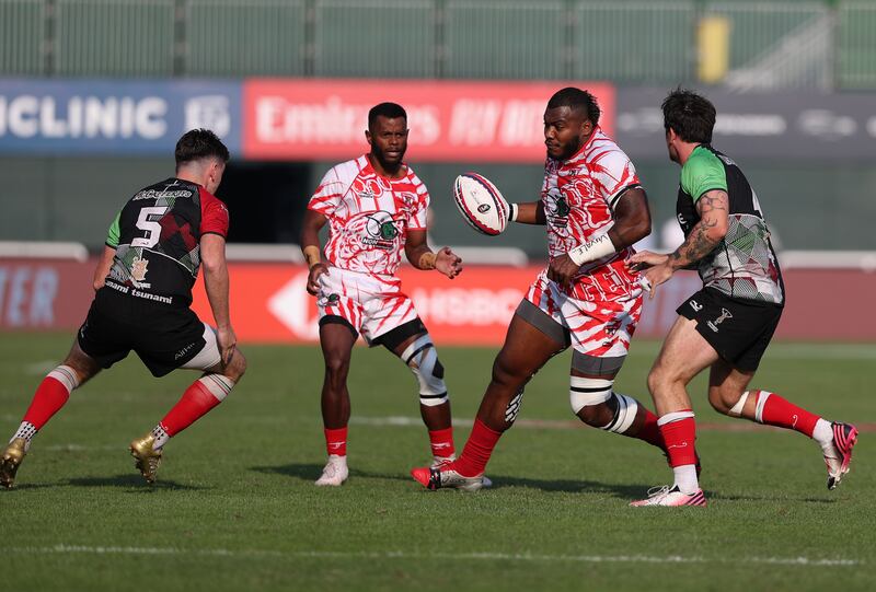 Dubai Tigers (red and white) beat Abu Dhabi Harlequins 24-7 in the final of the Gulf Men’s League