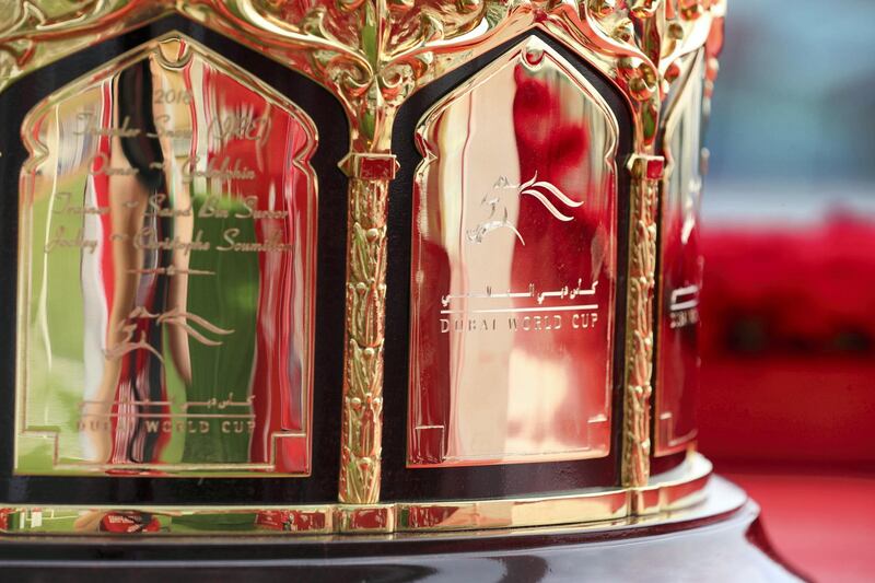 Dubai, United Arab Emirates - March 30, 2019: Different trophies on display at the Dubai World Cup. Saturday the 30th of March 2019 at Meydan Racecourse, Dubai. Chris Whiteoak / The National