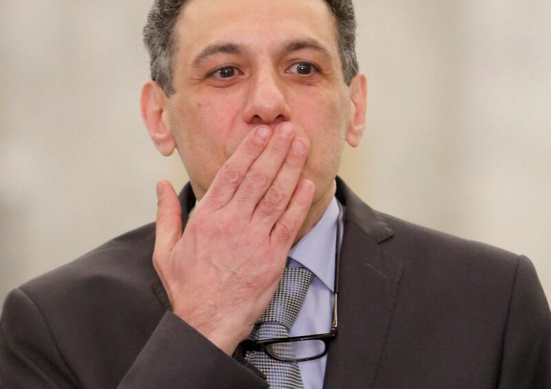 FILE PHOTO: Freed Lebanese businessman Nizar Zakka, who had been detained in Iran since 2015, gestures as he arrives at the Presidential Palace in Baabda, Lebanon June 11, 2019. REUTERS/Aziz Taher/File Photo