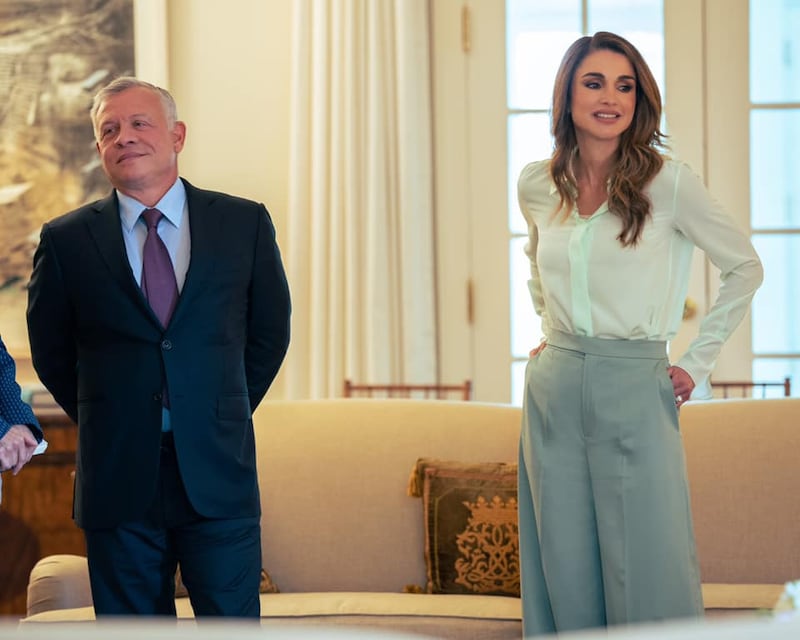 Queen Rania, in a pale green blouse and wool trousers by Chloe, with King Abdullah II, meet Pfizer chief executive Albert Bourla in Washington DC on Tuesday, July 20.