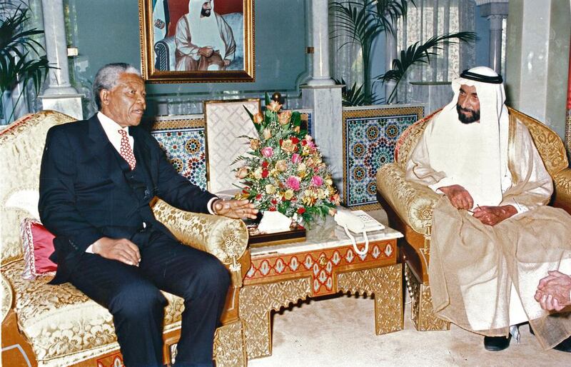 Nelson Mandela meets with the late Sheikh Zayed on a state visit in 1995. Courtesy of Al Ittihad 
