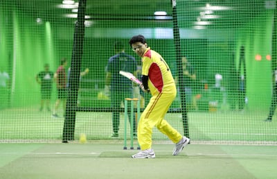 DUBAI , UNITED ARAB EMIRATES , SEP 6  ��� 2017 :- Anis Sajan , MD , Danube Group batting during the indoor cricket match at the United Pro Sports club in Al Quoz in Dubai. ( Pawan Singh / The National ) Story by Paul Radley