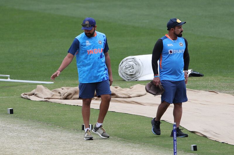 Rohit Sharma inspects the pitch during a practice session at the Melbourne Cricket Ground. AFP