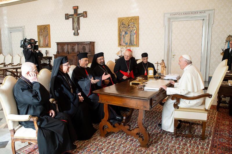 A handout picture provided by the Vatican Media shows Pope Francis during the audience for (R-L) Cardinal Bechara Boutros Rai, Patriarch of Antioch of the Maronites in Lebanon, Cardinal Louis Raphael Sako, Patriarch of Babylon of the Chaldeans in Iraq, Ibrahim Isaac Sedrak, Patriarch of Alexandria of the Copts in Egypt, Ignace Youssif III Younan, Patriarch of Antiochia dei Siri in Lebanon, Youssef Absi, of the Society of Missionaries of St. Paul, Patriarch of Antiochia of the Greek-Melkites in Syria, Gregoire Pierre XX Ghabroyan, Patriarch of Cilicia of the Armenians in Lebanon, Vatican City, 07 February 2020.  in Vatican City.  EPA