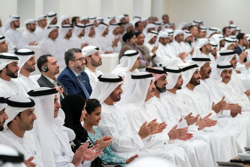 ABU DHABI, UNITED ARAB EMIRATES - May 30, 2018: HH Sheikh Mohamed bin Zayed Al Nahyan Crown Prince of Abu Dhabi Deputy Supreme Commander of the UAE Armed Forces (5th L), attends a lecture by HE Razan Al Mubarak (not shown) titled, ’For The Love of Nature: Innovative Philanthropy for Species Conservation Worldwide’, at Majlis Mohamed bin Zayed. Seen with HH Sheikh Abdul Aziz bin Humaid Al Nuaimi, (L), HH Lt General Sheikh Saif bin Zayed Al Nahyan, UAE Deputy Prime Minister and Minister of Interior (2nd L), HE Dr Amal Abdullah Al Qubaisi, Speaker of the Federal National Council (FNC) (3rd L), HH Sheikha Salama bint Mohamed bin Hamad bin Tahnoon Al Nahya (4th L), HH Sheikh Saud bin Rashid Al Mu'alla, UAE Supreme Council Member and Ruler of Umm Al Quwain (6th L), HH Sheikh Ammar bin Humaid Al Nuaimi, Crown Prince of Ajman (7th L) and other dignitaries.

( Mohamed Al Hammadi / Crown Prince Court - Abu Dhabi )
---