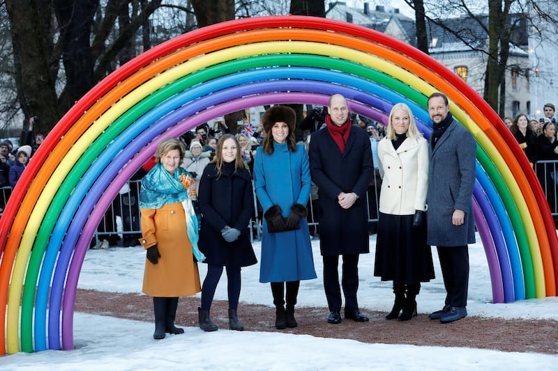 Britain's Prince William and Catherine, the Duchess of Cambridge, pose for a picture with Queen Sonja, Princess Ingrid Alexandra, Crown Princess Mette-Marit, and Crown Prince Haakon of Norway in Princess Ingrid Alexandra Sculpture Park in Oslo, Norway. Reuters