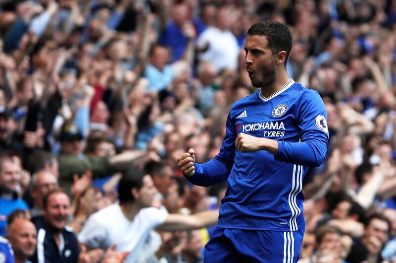 FILE - In this Sunday, May 21, 2017 file photo, Chelsea's Eden Hazard celebrates after scoring his side's second goal during their English Premier League soccer match against Sunderland at Stamford Bridge stadium in London. Eden Hazard will be joined at Premier League champion Chelsea by his younger brother, Kylian. The London club says the 22-year-old Kylian Hazard signed Tuesday, Aug. 29 for the development squad. (AP Photo/Kirsty Wigglesworth, file)