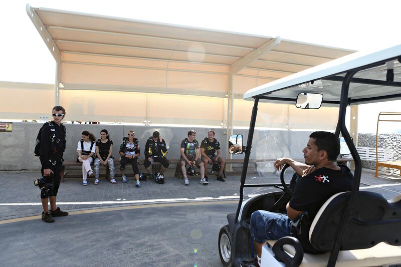 Dubai, September 2, 2013 - Skydivers wait at a new outdoor air conditioned area before boarding their plane at Skydive Dubai, September 2, 2013. (Photo by: Sarah Dea/The National, Story by: Melanie Swan) *** Local Caption ***  SDEA010913-skydivedubai07.JPG