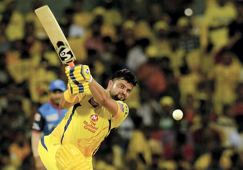 Chennai Super Kings cricketer Suresh Raina plays a shot during the 2019 Indian Premier League (IPL) Twenty20 cricket match between Chennai Super Kings and Delhi Capitals at the M.A. Chidambaram Stadium in Chennai on May 1, 2019. (Photo by ARUN SANKAR / AFP) / ----IMAGE RESTRICTED TO EDITORIAL USE - STRICTLY NO COMMERCIAL USE-----