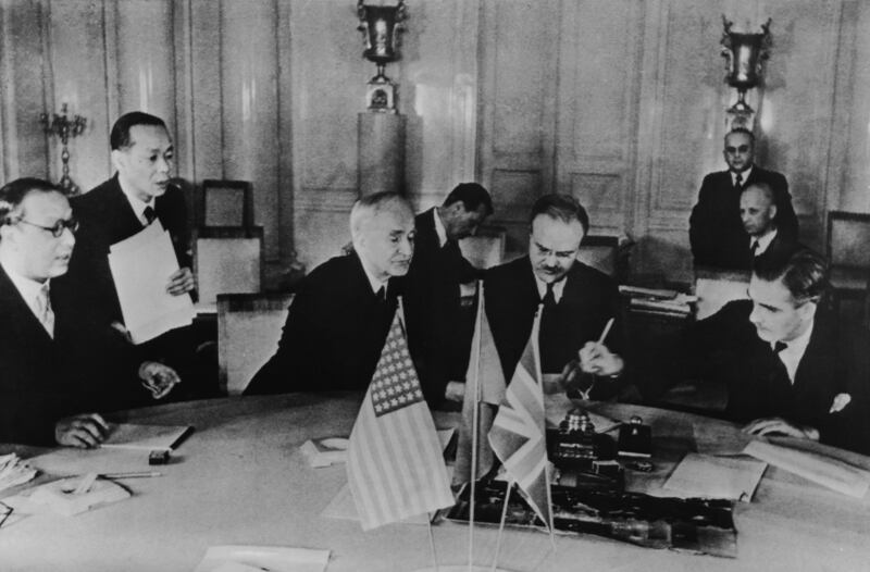 1945. Cordell Hull, centre left, won 'for his indefatigable work for international understanding and his pivotal role in establishing the United Nations'. He is pictured here signing the four-power pact in Moscow in 1943 alongside (L-R) Chinese ambassador to Moscow Foo Ping Shen,  Vyacheslav Mikhailovich Molotov of Russia and Anthony Eden of Britain. Getty Images