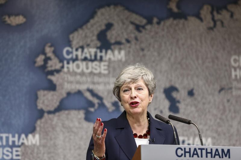 Theresa May, U.K. prime minster, delivers a speech on the state of politics at Chatham House in London, U.K., on Wednesday, July 17, 2019. May, in what is expected to be her final set-piece speech as prime minister, warned against the "absolutism” and failure to compromise that meant her Brexit deal was unable to win the support of Parliament. Photographer: Simon Dawson/Bloomberg