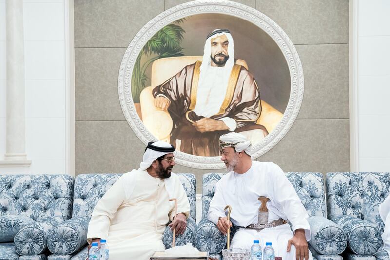 ABU DHABI, UNITED ARAB EMIRATES - January 30, 2018: HH Sayyid Haitham bin Tariq al Said, Minister of Heritage & Culture of Oman (R), offers condolences to HH Sheikh Tahnoon bin Mohamed Al Nahyan, Ruler's Representative in Al Ain Region (L), on the passing of HH Sheikha Hessa bint Mohamed Al Nahyan, at Mushrif Palace.
( Hamad Al Kaabi / Crown Prince Court - Abu Dhabi )
—